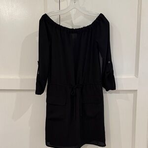 Off-Shoulder Black Drawstring Pocket Dress
